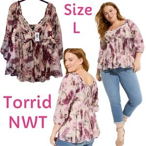 Torrid NWT L/12 Babydoll Crinkle Chiffon Blouson Sleeve Top